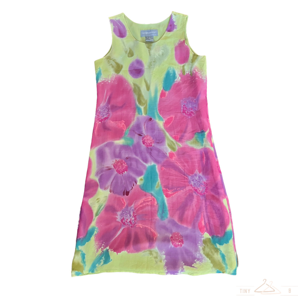 Carol Anderson 100% Silk Chiffon Sleeveless Dress Floral Green Pink Purple Small